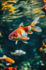 Underwater view of goldfish, colorful aquatic life, nature, close up