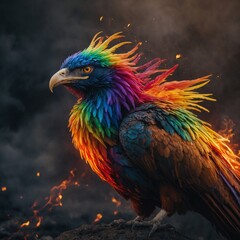 Fototapeta premium A phoenix with rainbow-colored flames, signifying hope and renewal.