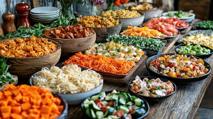 Fototapeta premium Abundant buffet table with various salads, pasta, and vegetables.