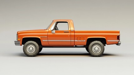 Orange classic pickup truck, side view, isolated on white.