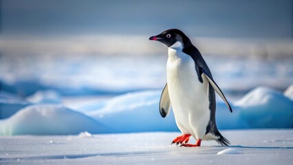 Fototapeta premium A penguin waddling alone on the icy surface of Antarctica, its black and white feathers blending seamlessly into the snowy environment , antarctica, flightless bird