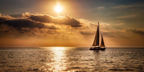 Dark silhouette of a sailboat against a sunny day at sea, water sports, sailboat,  water sports
