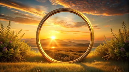 A golden round frame with a soft, warm glow surrounds a serene landscape at sunset, evoking feelings of luxury and tranquility