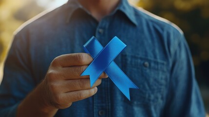 Person's hands clasped around a fabric with a blue bow shape.