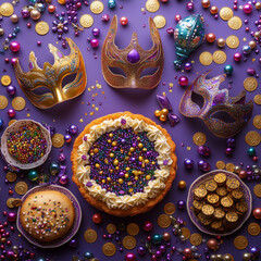 A flat lay of Mardi Gras essentials: masks, beads, coins, and a King Cake, arranged on a vibrant purple and gold background, bright festive lighting