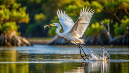 Obraz premium A Great Egret swooping down to catch a fish in the shallow waters of a mangrove forest at low tide , Bird, Aquatic, Bird