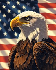 Naklejka premium Bald eagle representing strength and freedom with a patriotic American flag in the background, symbolizing USA pride, national identity, independence, and the spirit of unity and courage