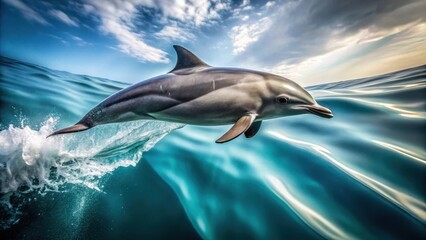 Fototapeta premium Grey dolphin swimming in ocean blue, grey dolphin, fluid motion, grey dolphin, fluid motion, marine mammal