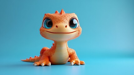 Playful orange lizard figurine studio toy photography blue background close-up whimsical concept