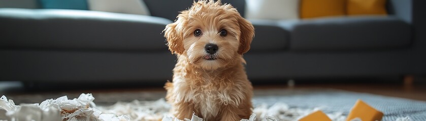 Playful puppy chewing paper living room pet photography cozy environment close-up view mischief and joy