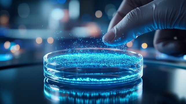 Scientist hand presenting a Petri dish with luminous blue cellular growth, sharp focus on the microorganisms with a lab-themed blurred backdrop