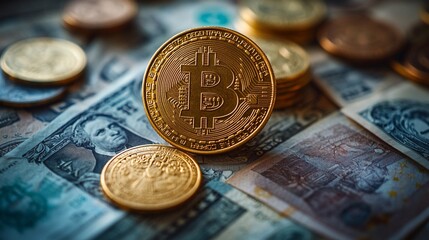 Bitcoin Gold Coin Resting On Dollar And Euro Bills