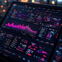 Obraz premium Analyzing data trends and visualizations digital workspace infographic modern office environment high-tech viewpoint