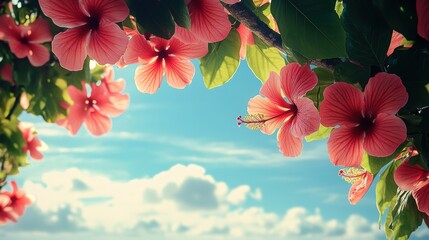 Hibiscus flowers, bright pink blooms, lush green leaves, tropical garden ambiance, under clear blue sky, vibrant nature scene concept