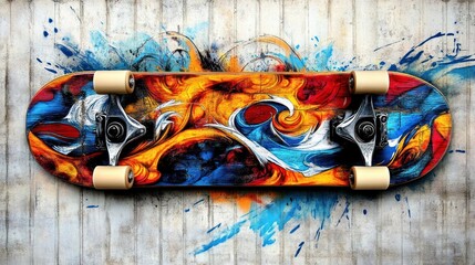 Fototapeta premium Abstract art painted longboard skateboard on grunge wall.