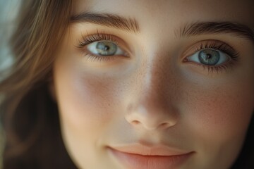 A woman with natural-looking makeup and clear skin, smiling gently.