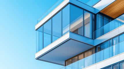 Obraz premium Modern residential complex close-up, sharp angles and glass details, sunny Canadian day, luxurious architecture concept