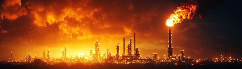 Industrial oil refinery blaze urban cityscape high-resolution image sunset environment dramatic viewpoint energy concept