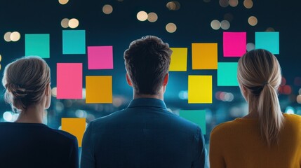 A group of three people observes colorful sticky notes on a board against a night backdrop, suggesting brainstorming or collaborative planning.