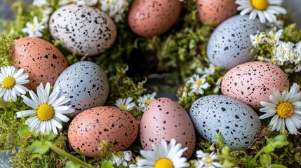Obraz premium Beautifully arranged speckled eggs surrounded by fresh daisies and moss, capturing the essence of springtime celebrations