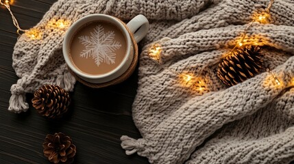 Comforting winter scene with a cozy knitted blanket, coffee cup, pine cones, and twinkling fairy lights offering a warm ambiance