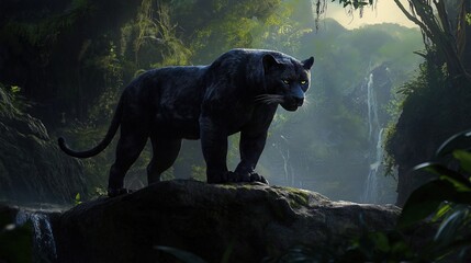 A black panther stands on a rock in a jungle