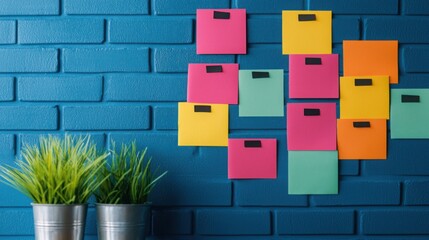 A colorful arrangement of sticky notes on a blue brick wall beside two decorative plants in metallic pots.