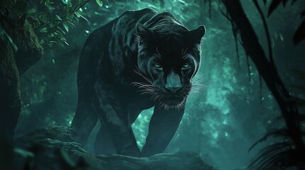 A black panther is walking through a forest