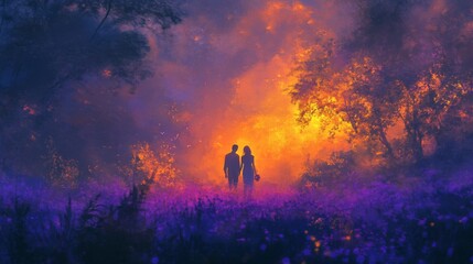 Couple Silhouetted Against A Fiery Forest Sunset