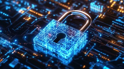 A futuristic digital lock symbolizing cybersecurity and data protection amidst a complex circuit board backdrop