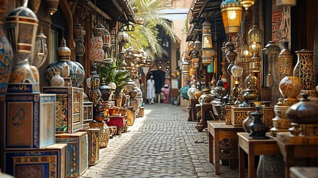 This Visitors explore a narrow alley filled with colorful pottery and ornate lanterns during the day.