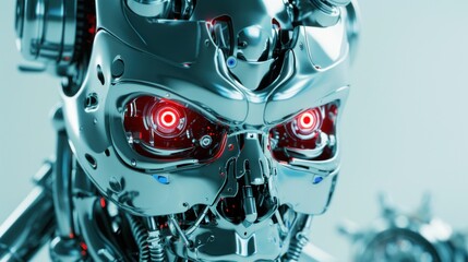 Futuristic evil robot with red eyes and horns looking at the camera, AI generated image
