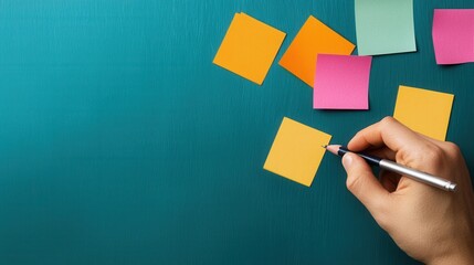 A hand holds a pen above colorful sticky notes on a teal surface, suggesting brainstorming or note-taking activity.