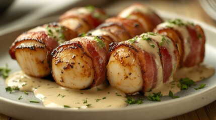 Luxurious and Elegant Presentation of Bacon-Wrapped Scallops on a Fine Dining Table with Gourmet Garnishing and Savory Sauce