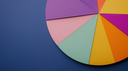Fototapeta premium A colorful pie chart segmenting various sections, set against a blue background, showcasing vibrant colors and geometric shapes.
