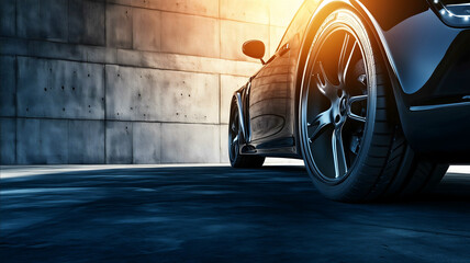 I need a background for an advertising business card for a tire shop The picture should be in dark tones The wheels should be visible where the sunlight falls The