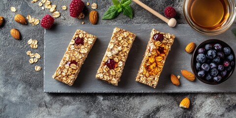 Three bars of oatmeal raisin granola are on a black plate. A bowl of blueberries is next to the plate