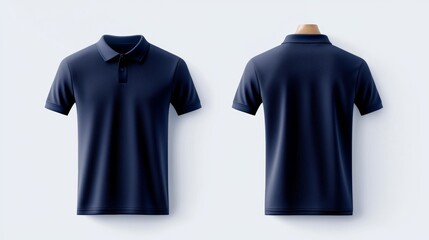 Minimalistic dark blue polo shirt mockup, blank front and back, on a white background, perfect for design showcasing, sleek and modern
