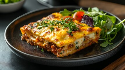 Savor an Elegant Plate of Beef Lasagna with Layers of Flavor and a Fresh Side Salad