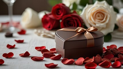 Close Up Of A Heart Shaped Gift Box Filled With Chocolates, Surrounded By Rose Petals On A Romantic Table Setting