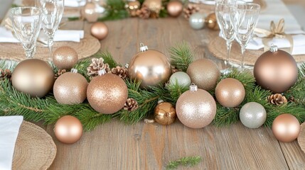Elegant festive table setting with golden and silver Christmas ornaments arranged on a rustic wooden table.