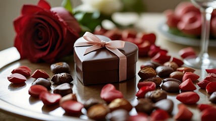 Close Up Of A Heart Shaped Gift Box Filled With Chocolates, Surrounded By Rose Petals On A Romantic Table Setting