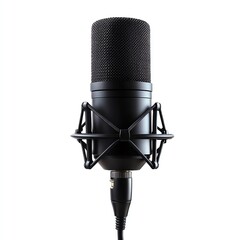 A black condenser microphone with a shock mount and cable isolated on a white background.