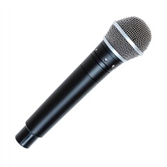 A black microphone with a silver grille isolated on a white background.
