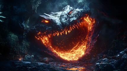 Naklejka premium A Captivating Fantasy Portal in the Form of Dragon Jaws, Emitting Fiery Energy in a Mysterious Shadowy Mountain Cave