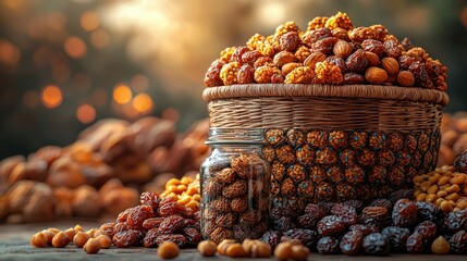 Assorted dried fruits and nuts in a basket and jar, on wooden surface with bokeh background.
