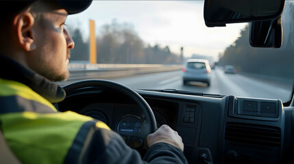 A truck driver is driving his truck safely on the road the driver is wearing safety clothing there is a car in front closeup