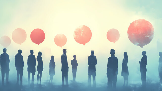 People are interacting with each other, sharing their thoughts and ideas through speech bubbles. this represents communication, exchange of perspectives, and teamwork. Ethersea. Illustration