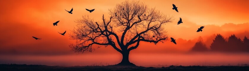 Majestic Silhouette of a Tree Against a Vibrant Sunset Sky
