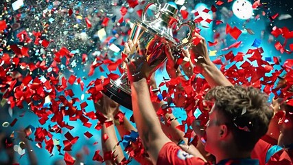 This Players cheer and lift a trophy as colorful confetti showers during a triumphant moment.